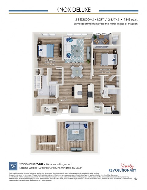 Floor plan for 2 beds, 2 baths, 1345 sqft